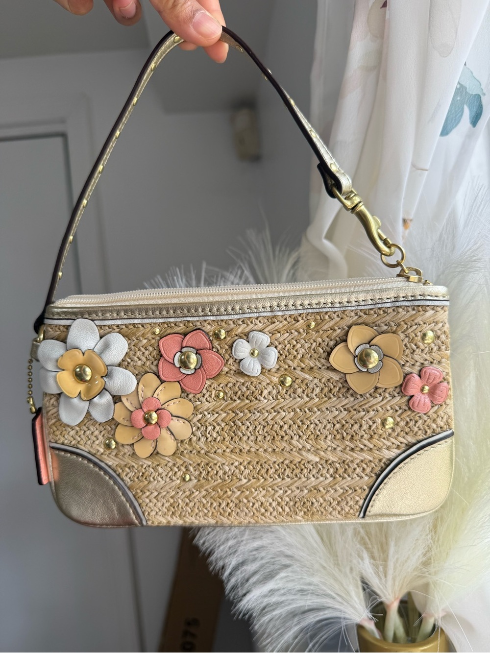 Coach Hamptons Summer Woven Straw Floral Wristlet